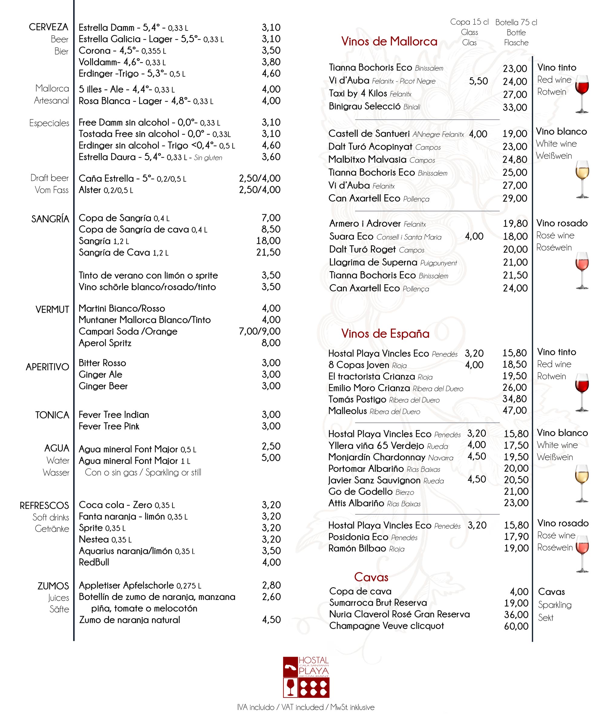 Vinos y refrescos Wines drinks santanyi Mallorca