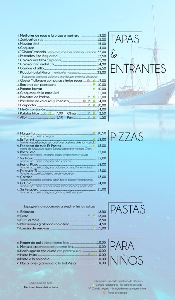 Menu restaurant Cala Santanyi Hostal Playa
