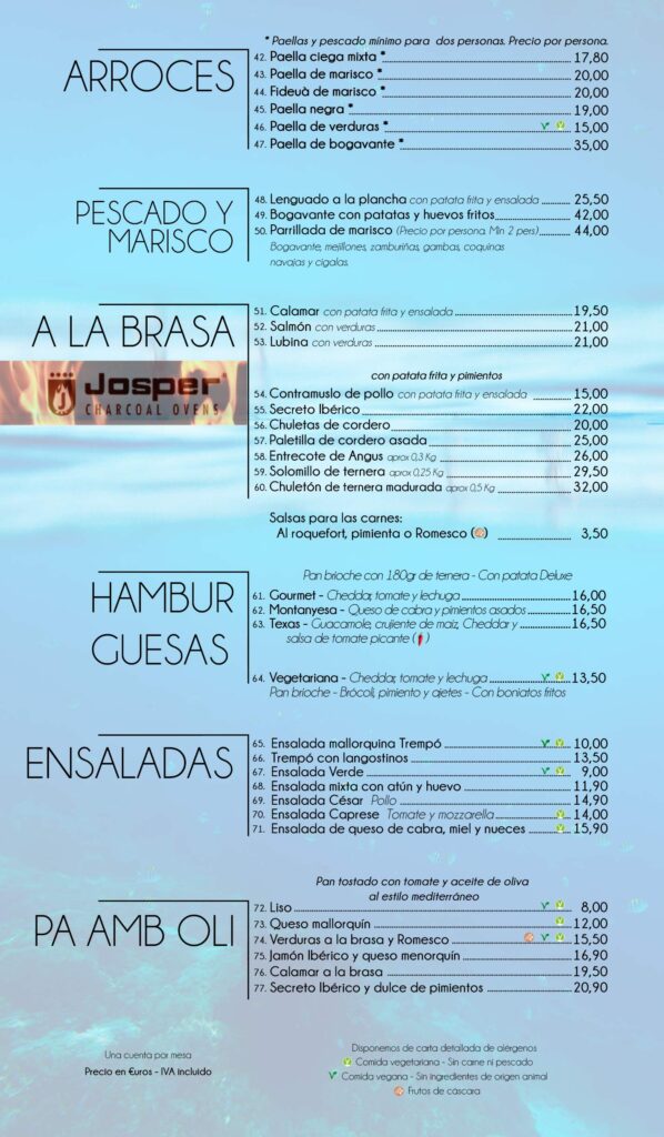 Menu restaurante Cala Santanyi Hostal Playa