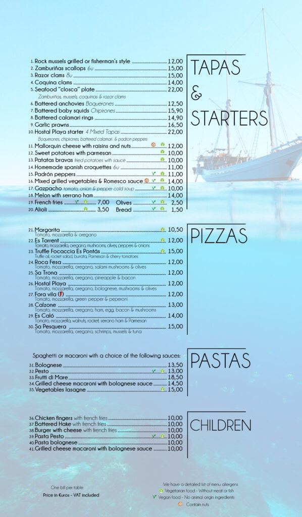 Menu restaurant Cala Santanyi Hostal Playa