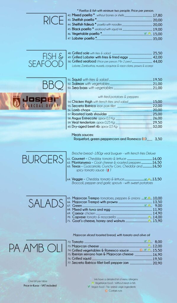 Menu restaurant Cala Santanyi Hostal Playa