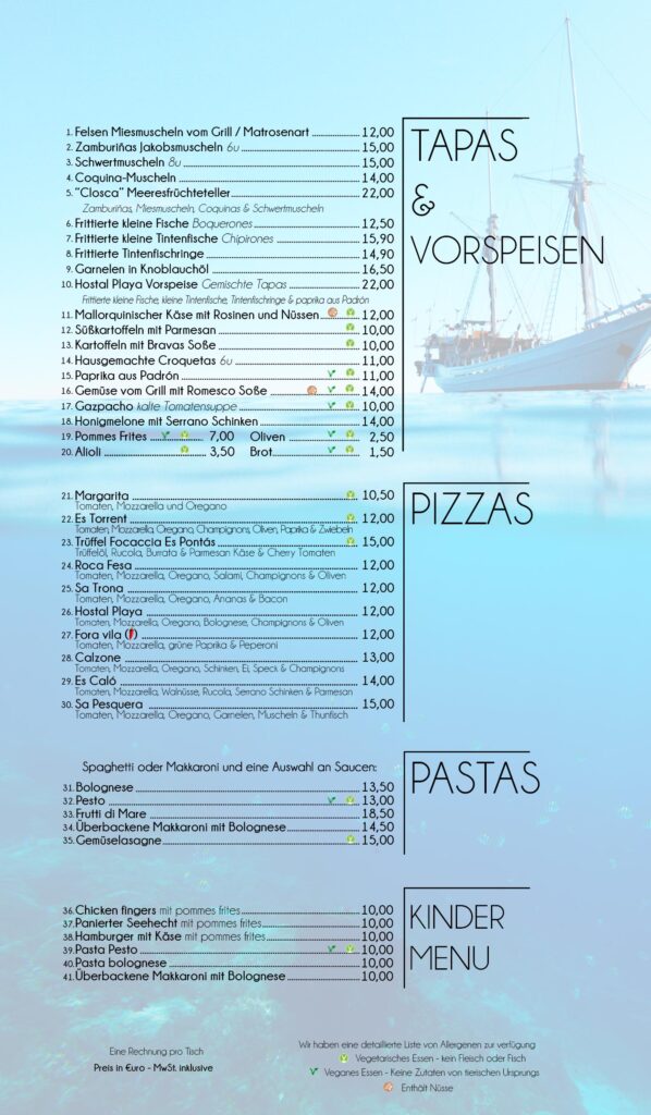 Menu restaurant Cala Santanyi Hostal Playa