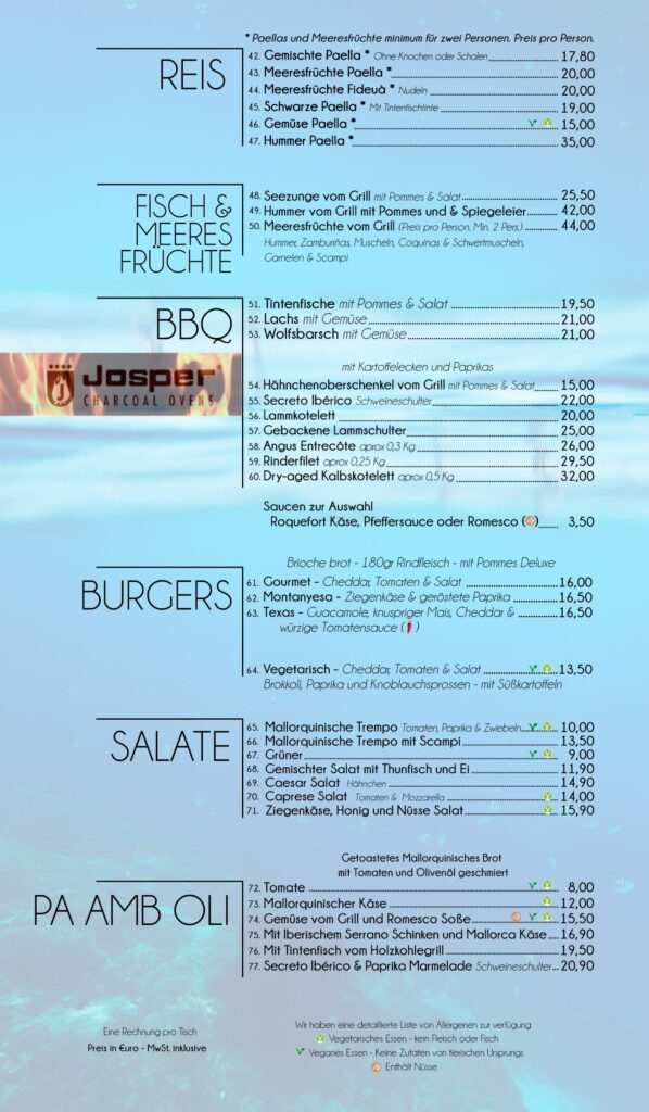 Menu restaurant Cala Santanyi Hostal Playa